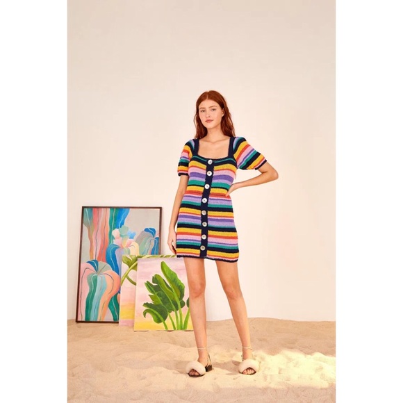 Anthropologie x Farm Rio Renata Rainbow Crochet Mini Dress $218 Medium - Picture 7 of 13